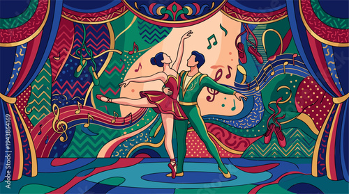 Ballet Dancers Couple Performing on Ornate Theater Stage with Floating Musical Notes, portraying Art, Music, and Elegance in a Vibrant Flat Vector Illustration and Scalable Graphic