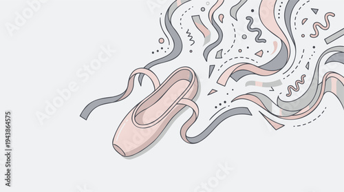 Single Ballet Pointe Shoe with Flowing Ribbons and Abstract Decorative Elements, embodying Dance Art and Femininity, in a Minimalist Pastel Outline Vector Illustration with Copy Space