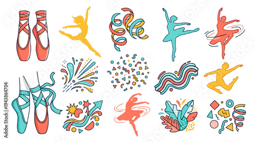 Ballet shoes, diverse dancers, abstract festive elements: posing, jumping, spinning. Celebration, dance, art. Flat outline, vibrant trendy colors. Isolated vector collection.