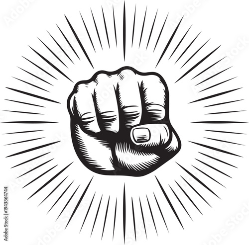 Fist with sunbursts in vintage style. Vector illustration