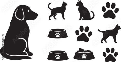 Black Silhouette Dog Cat Pet Icons and Paw Prints