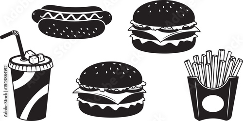 Fast Food Icons Set with Burgers, Fries and Soda