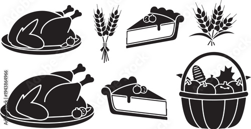 Thanksgiving food icons including turkey and pie illustrations
