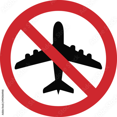 Flight cancelled icon, no airplane sign, flying prohibition symbol, isolated on white background, vector illustration