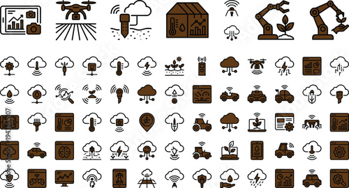 Precision agriculture technology icon set with drones sensors weather monitoring robotics tractors and smart farming analytics