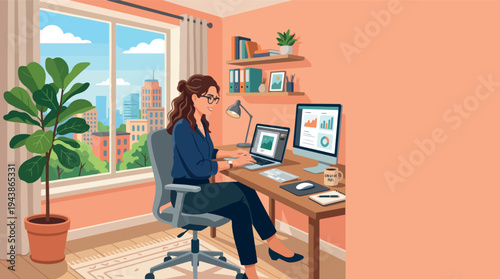 Cozy Interior Illustration with Potted Fiddle Leaf Fig Plant by the Window