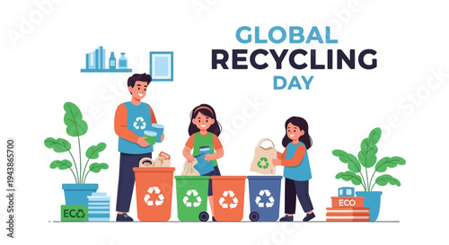 Illustration of people collecting recyclables on Global Recycling Day with recycling symbols and plants around them in a colorful design.
