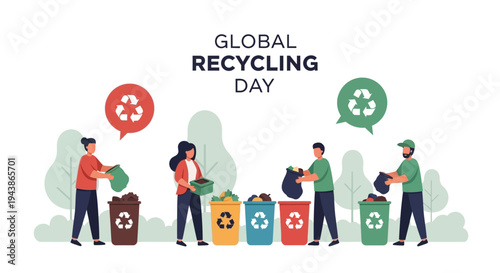 Illustration of people recycling on Global Recycling Day with colorful bins and eco-friendly actions.
