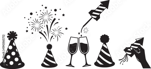 New Year's Eve Celebration with Fireworks and Party Hats