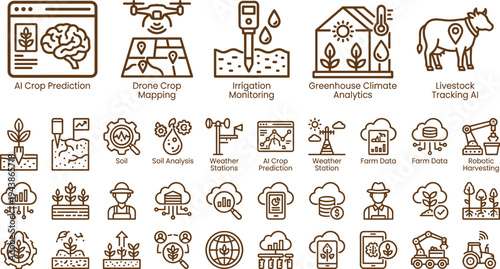 Smart agriculture technology icon set with AI crop prediction drone mapping irrigation monitoring greenhouse analytics and livestock tracking