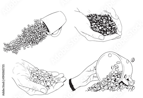 Coffee set graphic color isolated sketch illustration vector. Coffee beans in Hands. Art colorful design element