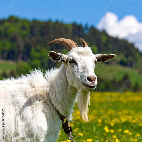 A white goat with horns standing in a field