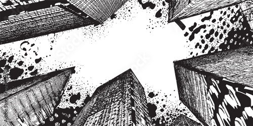 Black and white ink of skyscrapers viewed from below