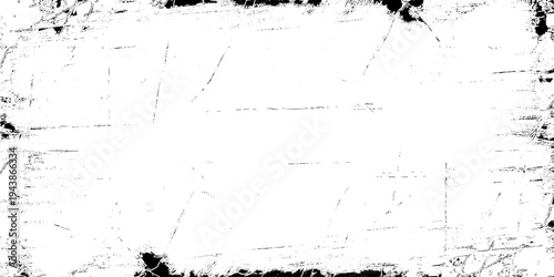 A high-contrast black and white abstract frame featuring heavy ink splatters Grungy black ink border on white background, distressed film frame texture.