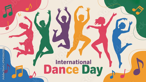 Vibrant silhouettes of dancers celebrate international dance day with music notes on colorful background