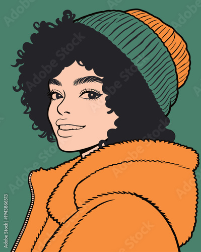 A young woman smiles while wearing an orange winter jacket and a green beanie.