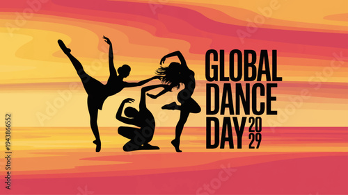 Silhouette of three dancers on vibrant sunset background celebrating global dance day with dynamic poses and colorful gradient