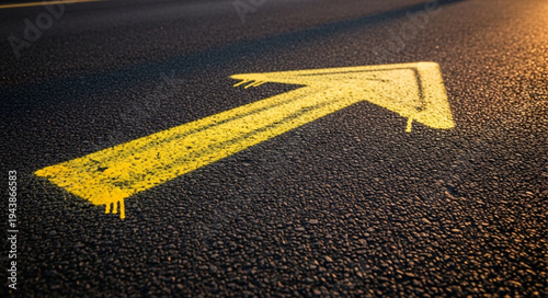 Bright yellow arrow painted on asphalt road surface.