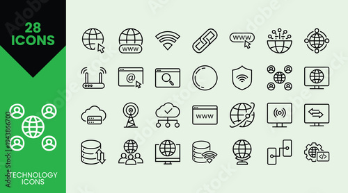 Modern internet technology icons, 28 linear web and network vector symbols, minimal global connectivity and data hosting graphics for UI design