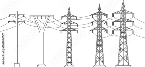 High voltage transmission towers and utility poles CAD drawing, flat vector illustration, electric pylon design, power grid structure, technical energy lines.