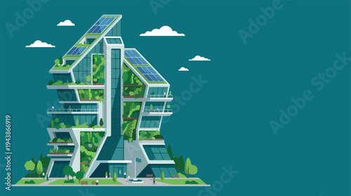 Futuristic Sustainable Skyscraper with Vertical Gardens Flat Illustration