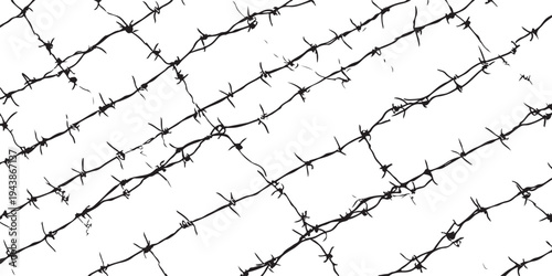 Black barbed wire fence pattern on white background