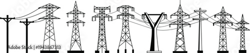Electric transmission tower types technical drawing, utility pole silhouettes, power line pylon structure set, cad drawing flat vector illustration