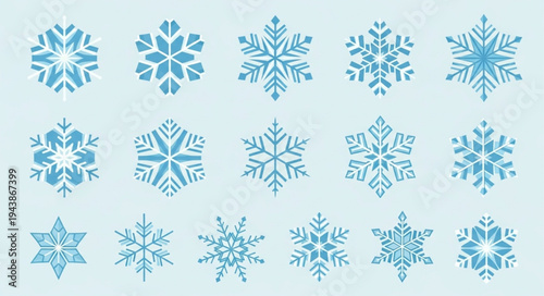 Collection of Various Blue Snowflake Icons for Winter Design.