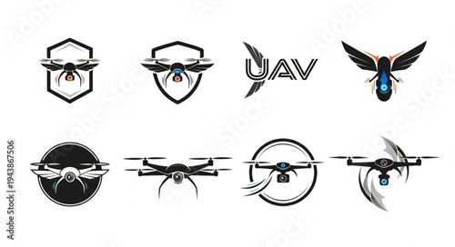 Collection of Drone Logos Featuring Various Design Styles and Shapes.