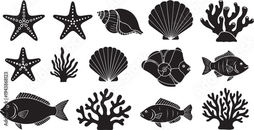 Black silhouettes of ocean creatures and coral reef icons set