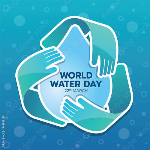 World water day - Text in hands curve hugs loop drop water around on blue bubble texture background vector design