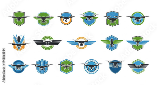 Collection of Drone Logos with Wings and Shields for Various Applications.