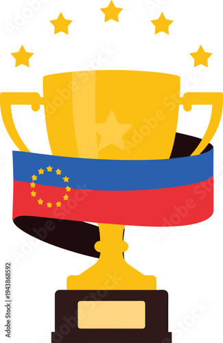 golden winner trophy cup with stars and national flag banner isolated on white background illustration