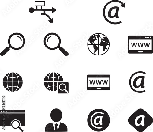 internet and communication icons collection with website symbols and network elements including email and search magnifier and globe for technology concepts.
