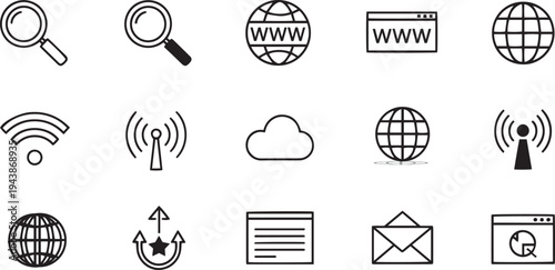 Search and internet icon set with magnifying glass globe symbols wireless network signs cloud storage and email envelope web browser interface elements for website navigation and digital marketing