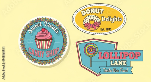 Vintage Dessert Stickers - Cupcake, Donut, and Lollipop Designs for Sweet Treats.