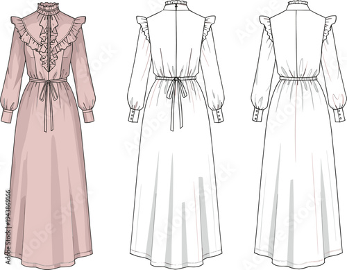 Victorian ruffle long sleeve maxi dress design with waist tie and high neck, CAD drawing flat vector illustration, fashion sketch, vintage inspired