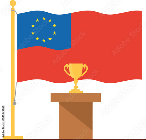 celebratory illustration of golden winner trophy cup on podium with waving national flag on white background