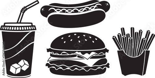 Fast Food Icons Set with Burger, Fries, and Soda