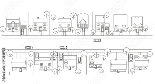 Streetscape Sketch - Architectural Elevation with Buildings and Vehicles.