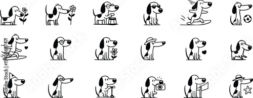 Cute dog cartoon icons set for pet, puppy, and animal themes. Minimal outline puppies in playful poses including sitting, running, and wagging tail. Adorable vector graphics for stickers, kids design,