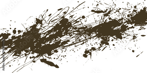 Brown paint splatters and drips on white background