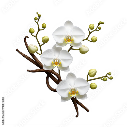 White orchid flowers with vanilla beans transparent background