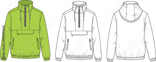CAD drawing flat vector illustration, pullover windbreaker jacket with zipper, technical fashion sketch, front and back hoodie view, apparel design template