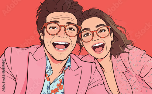 A couple smiles widely while taking a selfie. They wear bright clothing and glasses in front of a vivid background.