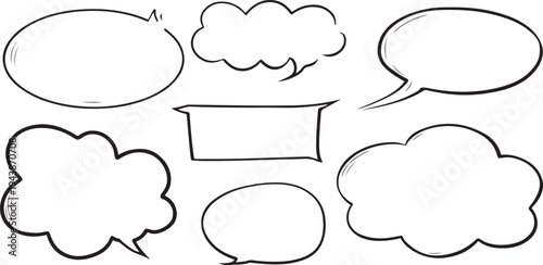 Collection of seven hand drawn speech bubbles and thought clouds