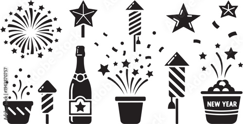 New Year Celebration Fireworks and Champagne Bottle Vector Icons