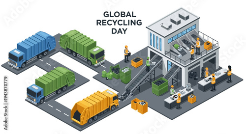 Isometric illustration of a recycling facility with trucks and workers on Global Recycling Day, depicting a waste recycling process with environmental awareness.