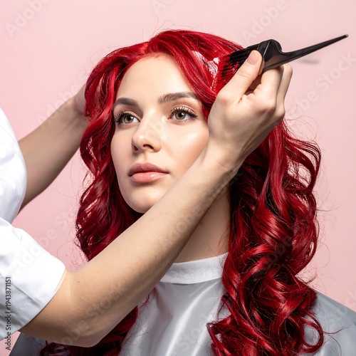 A woman with long red hair getting styled