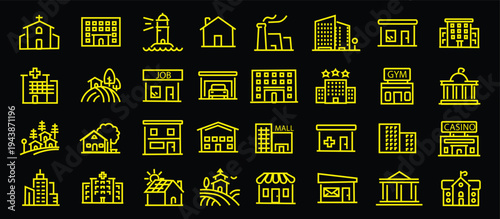 Building web icons in line style. Hotel, hospital, apartament, city, town house, mall, coffee, collection. Editable stroke. Vector illustration.